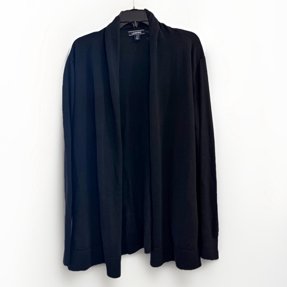 Lands End Womens Sweater Cardigan L 14 16 Black Open Casual Office Knit  Classic